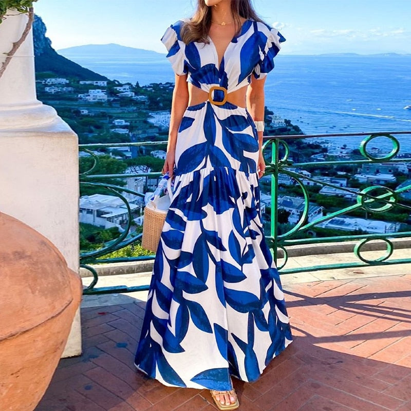 Levoire | Imprimé Feuille Hohlflügel Maxi Robe Blå feuilles