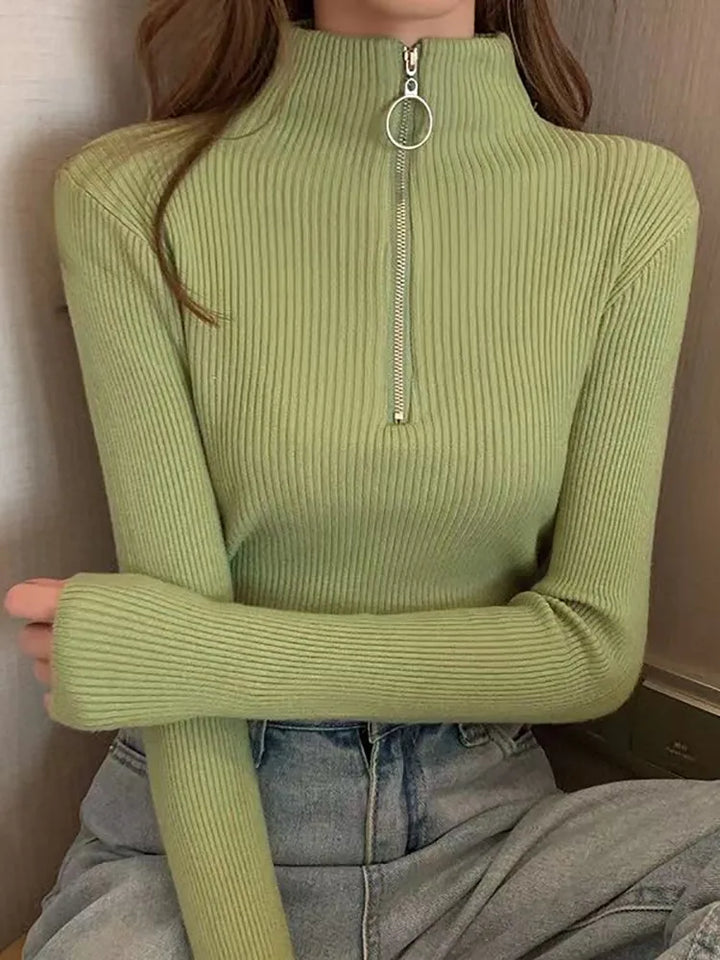 Levoire | Pull Vintage Femme Avec Zip Vert olive Taille Unique