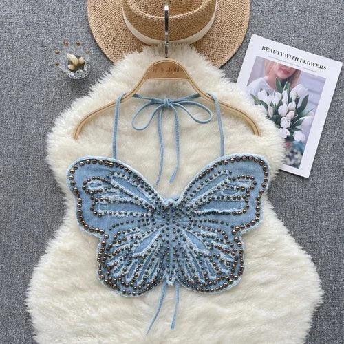 Levoire | Top Court Vintage En Denim Y2K Avec Papillon Bleu clair Taille unique