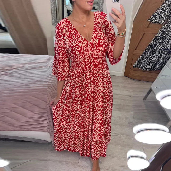 Levoire | Robe Boho Décontractée À Décolleté En V Et Manches Mi-Longues Rouge