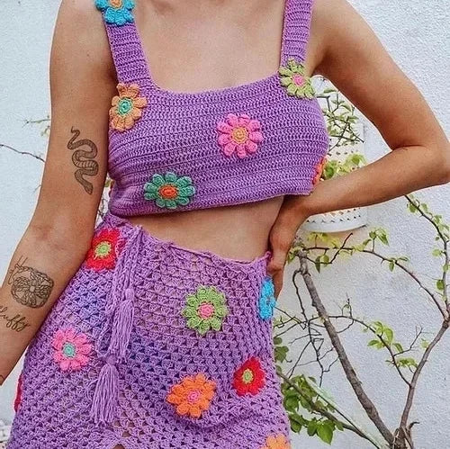Levoire | Top En Crochet Tricoté Et Ensemble Jupe Love-Fleur Au Design Élégant lila multicolore