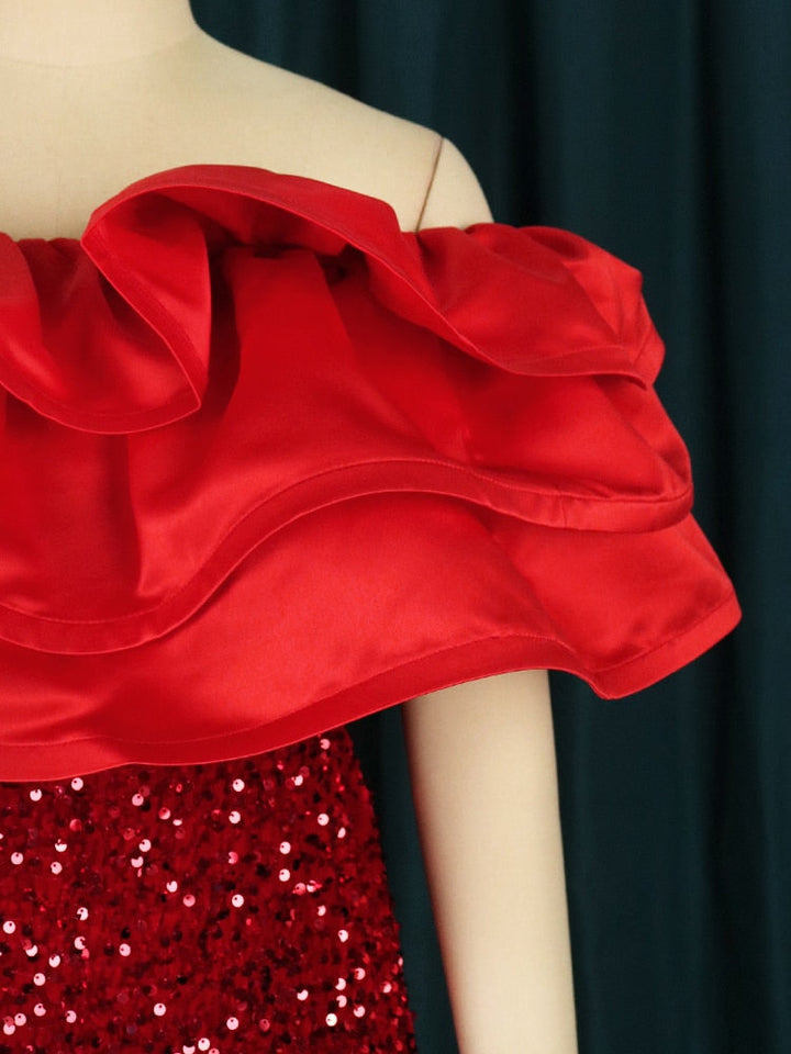 Levoire | Robe À Volants Pailletée Rouge À Épaules Dénudées