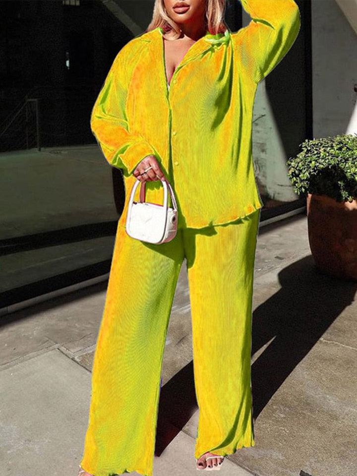 Levoire | Chemisier À Manches Longues Et Pantalon Large - Ensemble Élégant À Deux Pièces Pour Femmes Jaune