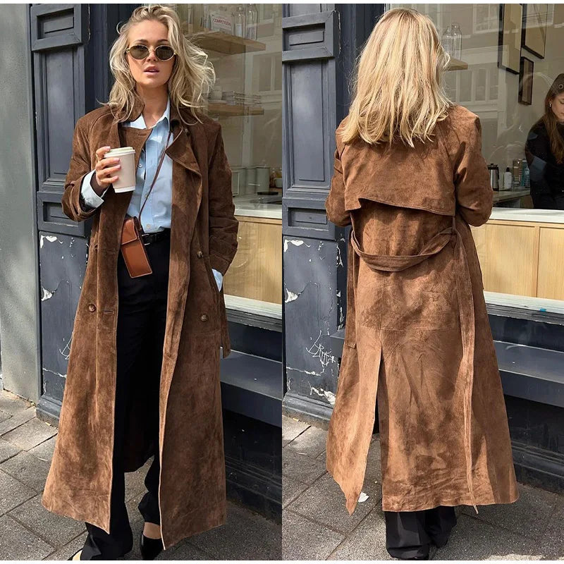 Levoire | Élégant Long Manteau En Cuir Avec Ceinture Pour Femmes braun 1