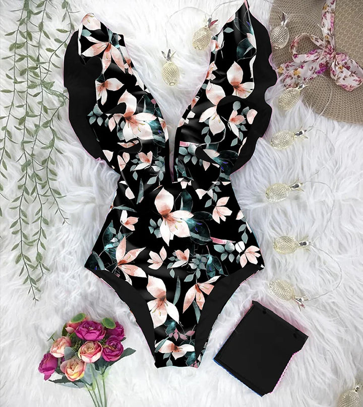 Levoire | Maillot Une Pièce Volanté Floral Noir