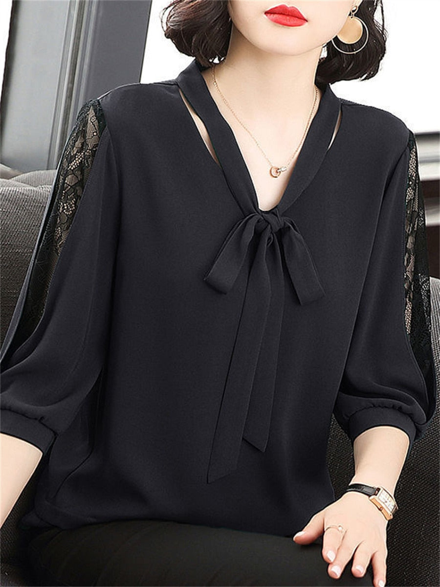 Levoire | Chemise À Col Perlé Central Avec Des Manches En Dentelle Noir