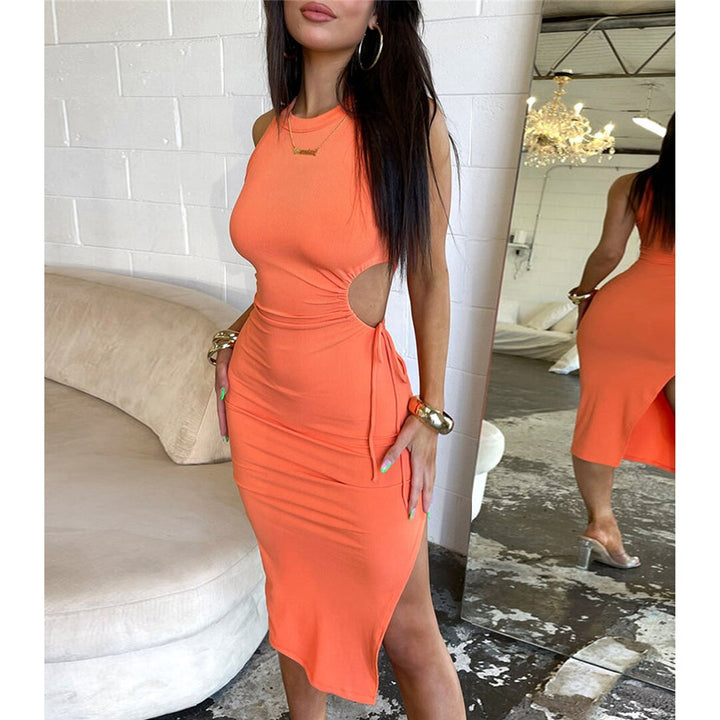Levoire | Orange Round Neck Dress With Slit Mini Dress