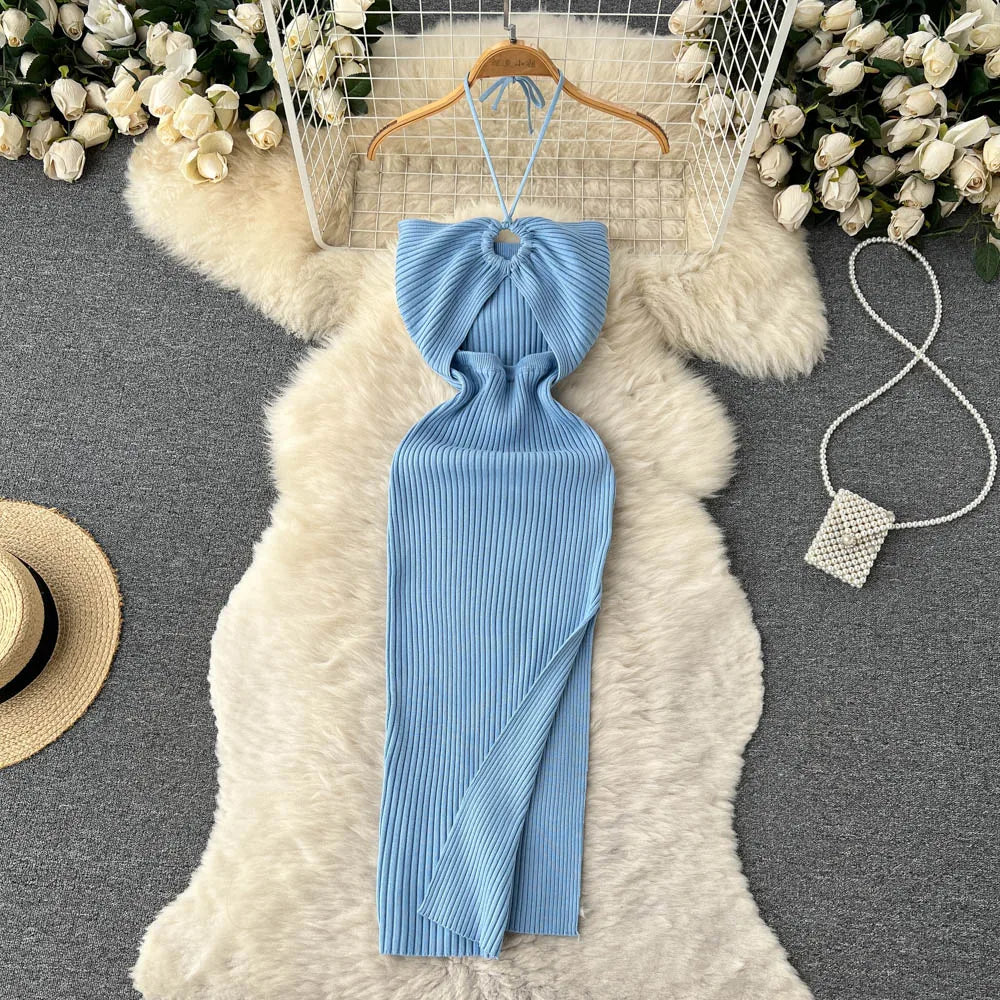 Levoire | Robe Maxi Tricot Tendance Dos Nu Pour Femmes Bleu une taille