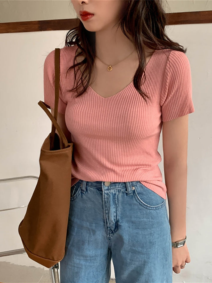 Levoire | T-Shirt Slim Fit À Col V En Coton À Manches Courtes Pullover Tricoté Rose