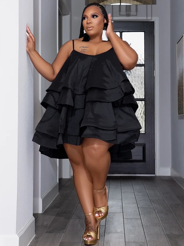 Levoire | Satin Créé Ridé Robe Mini Grande Taille Noir