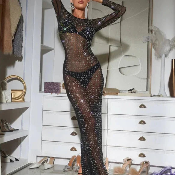 Levoire | Robe Maxi En Maille Transparente Avec Fente Et Strass Scintillants À Manches Longues Pour Une Occasion Spéciale