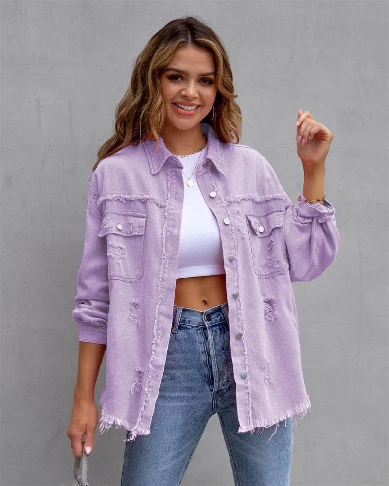 Levoire | Veste En Jean Avec Bords Bruts, Printemps, Rose, Orange, Violet