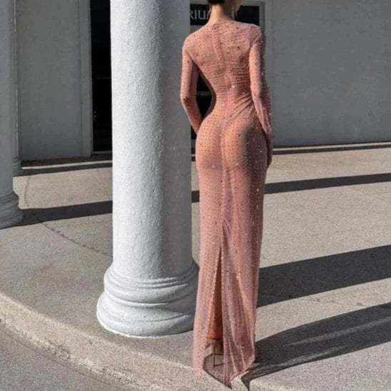 Levoire | Robe Maxi À Manches Longues En Maille Transparente Avec Fente Et Strass
