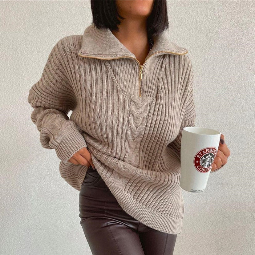 Levoire | Pull À Tresses Confortable Avec Décolleté En V, Col Roulé Et Fermeture Éclair Khaki