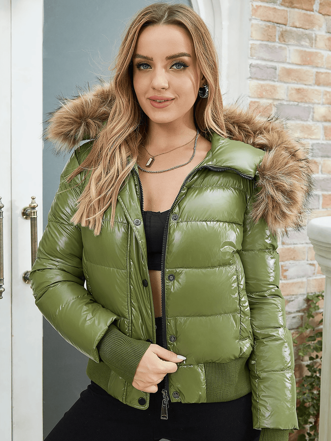 Levoire | Manteau capuche fausse fourrure manches longues Vert