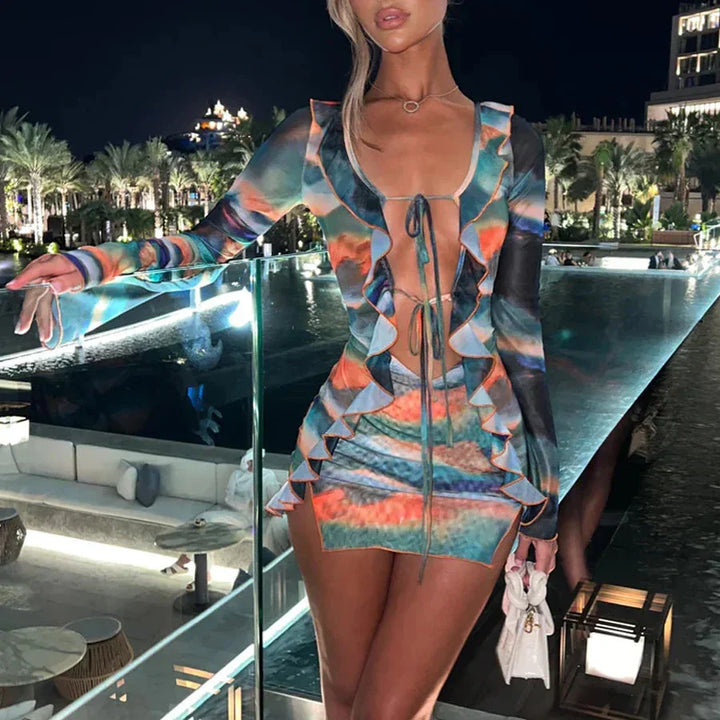 Levoire | Robe Mini À Manches Longues Avec Volants Et Motif Batik