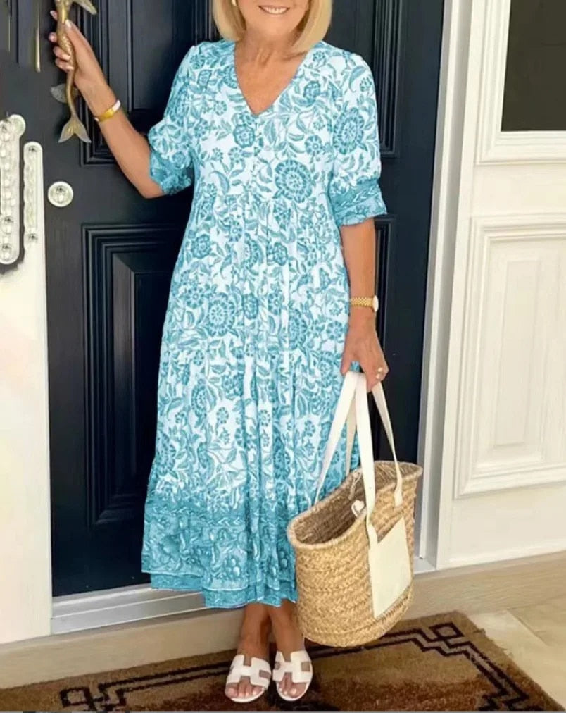 Levoire | Robe Fleurie Élégante À Décolleté En V Bleu clair