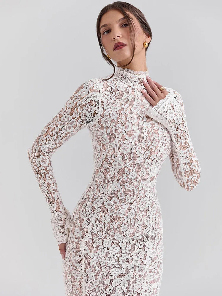 Levoire | Robe Midi Élégante En Dentelle Avec Col Montant