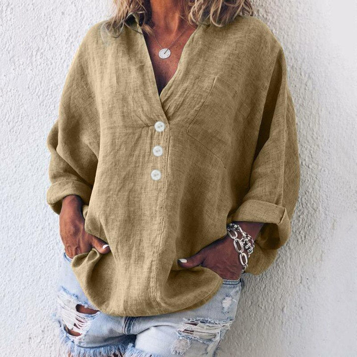 Levoire | Blouse En Lin Confortable Avec Détail De Bouton Pour Femmes Khaki