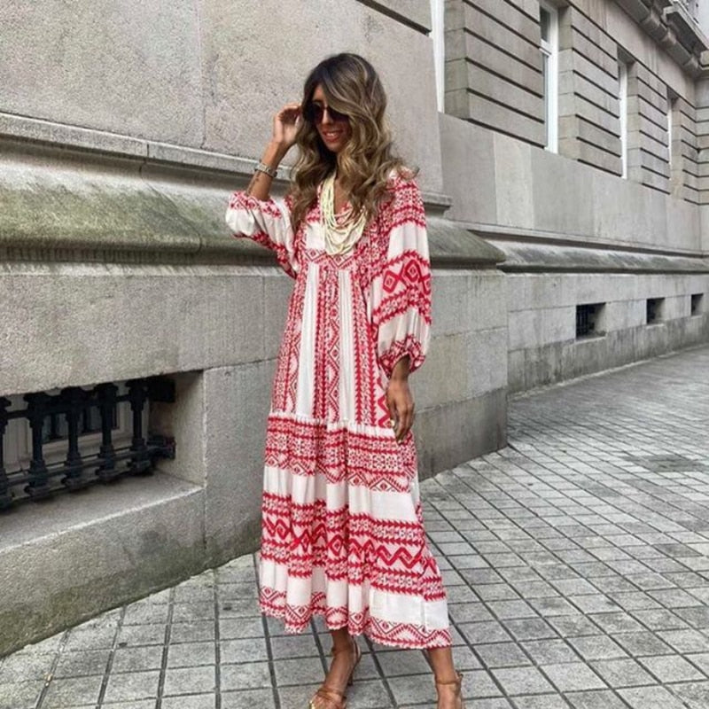Levoire | Robe Bohème À Encolure En V Avec Manches Bouffantes Blanc-Rouge