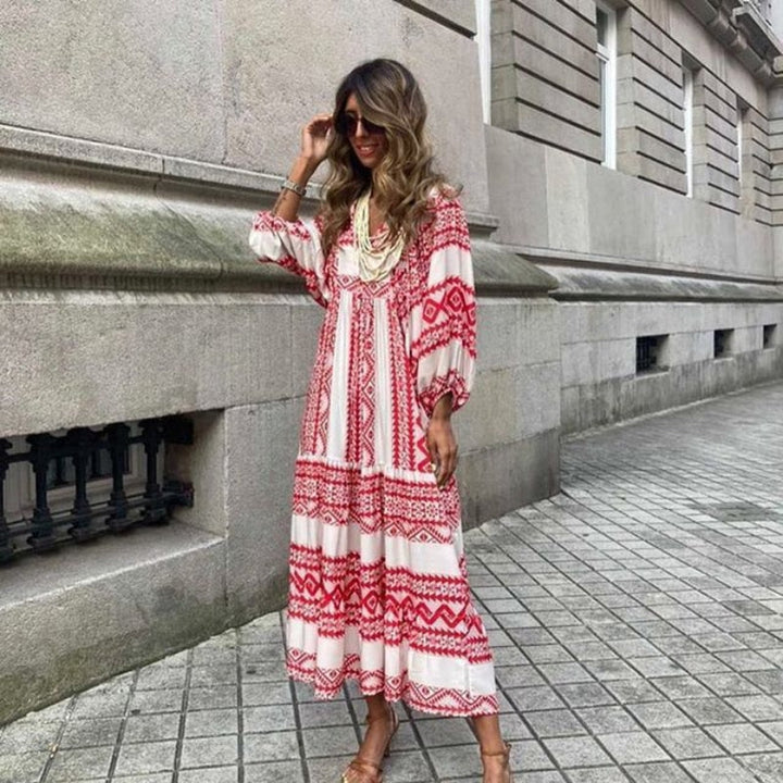 Levoire | Robe Bohème À Encolure En V Avec Manches Bouffantes Blanc-Rouge