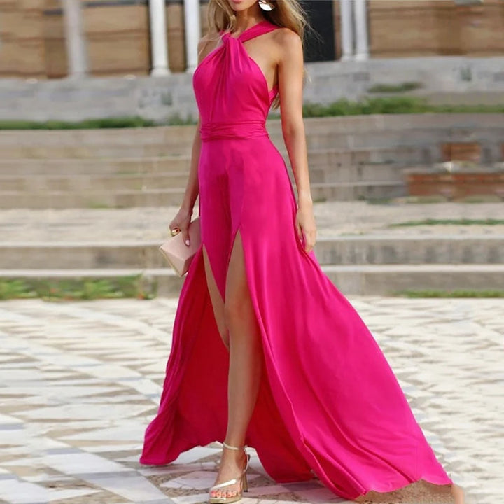 Levoire | Rose Clair Halterneck Off-Shoulder Robe Maxi High Rosa