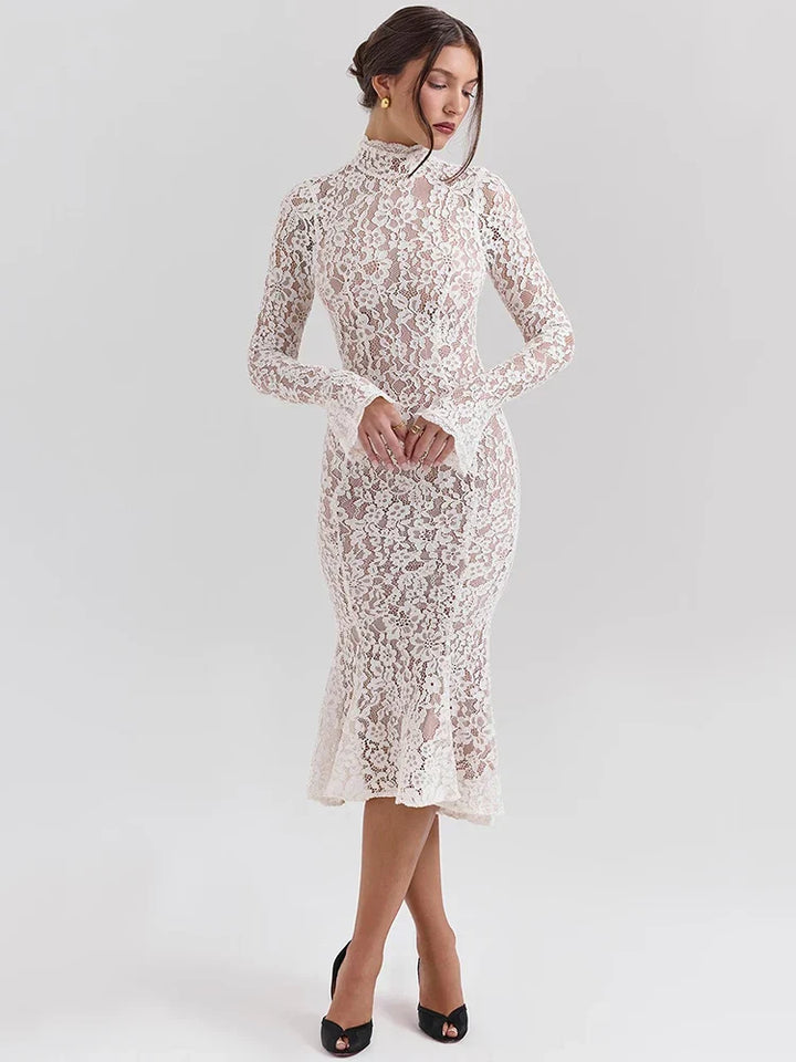 Levoire | Robe Midi Élégante En Dentelle Avec Col Montant
