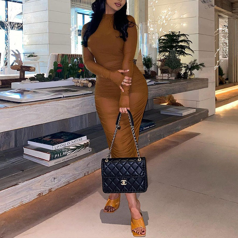 Levoire | Brun Manches Longues-Mesh-Transparent-Midi-Robe
