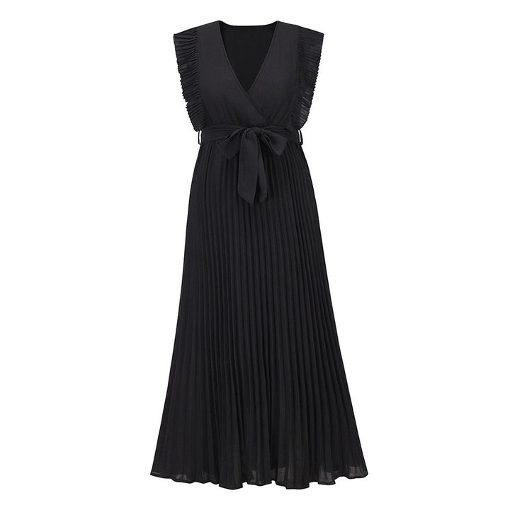 Levoire | Robe Été Sans Manches V-Cou Maxi Plissée Ceinture Noir