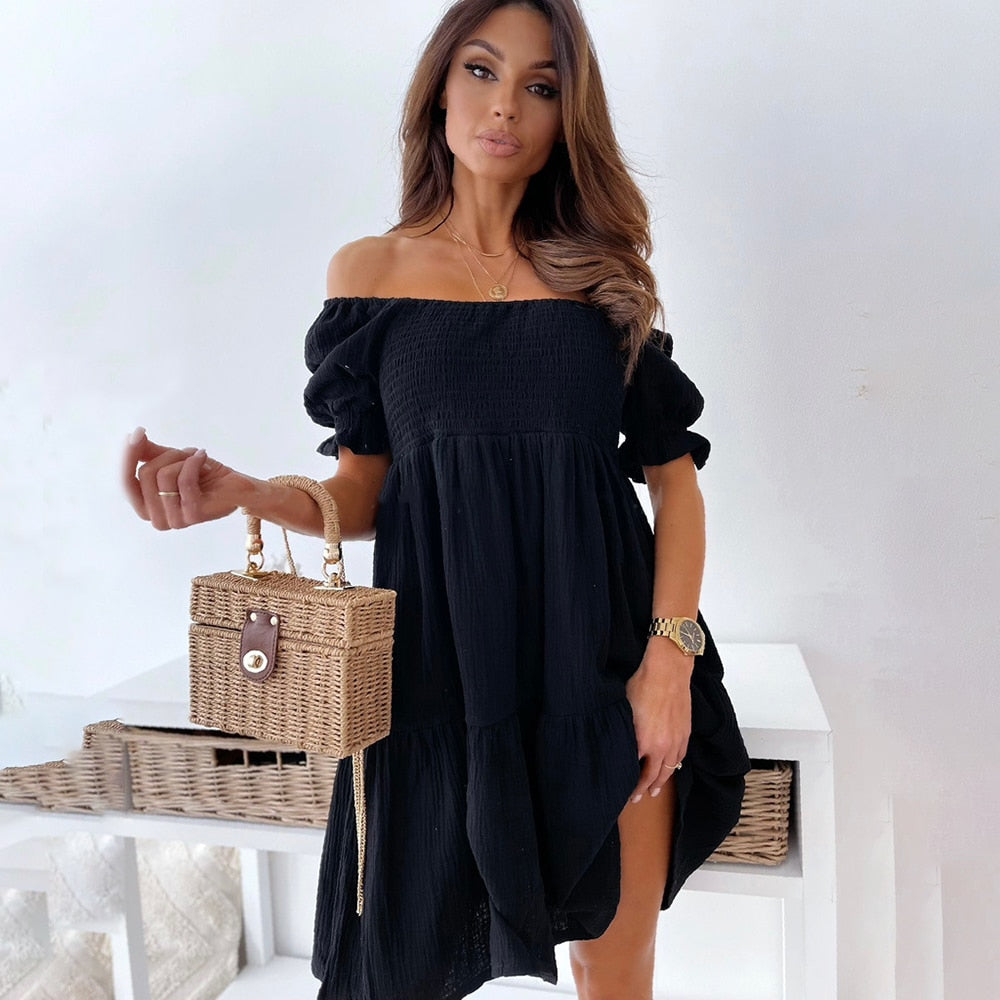 Levoire | Robe Estivale Élégante à Manches Bouffantes – Confort et Polyvalence Noir