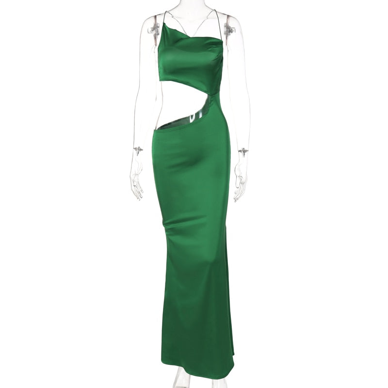 Levoire | Robe Bodycon Longue Satin Vert À Côtés Creux