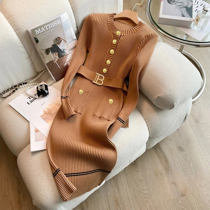 Levoire | Robe Tricotée Avec Ceinture Et Boutons Khaki Taille Unique