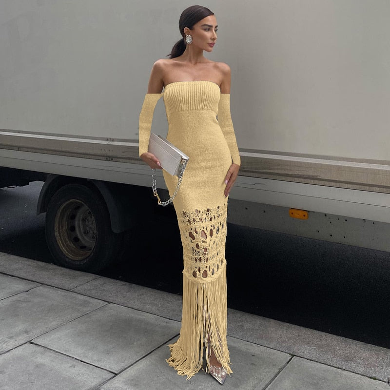 Levoire | Robe Maxi Dénudée À Franges En Tricot À Manches Longues Khaki