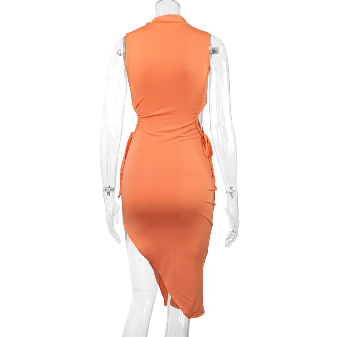 Levoire | Orange Round Neck Dress With Slit Mini Dress