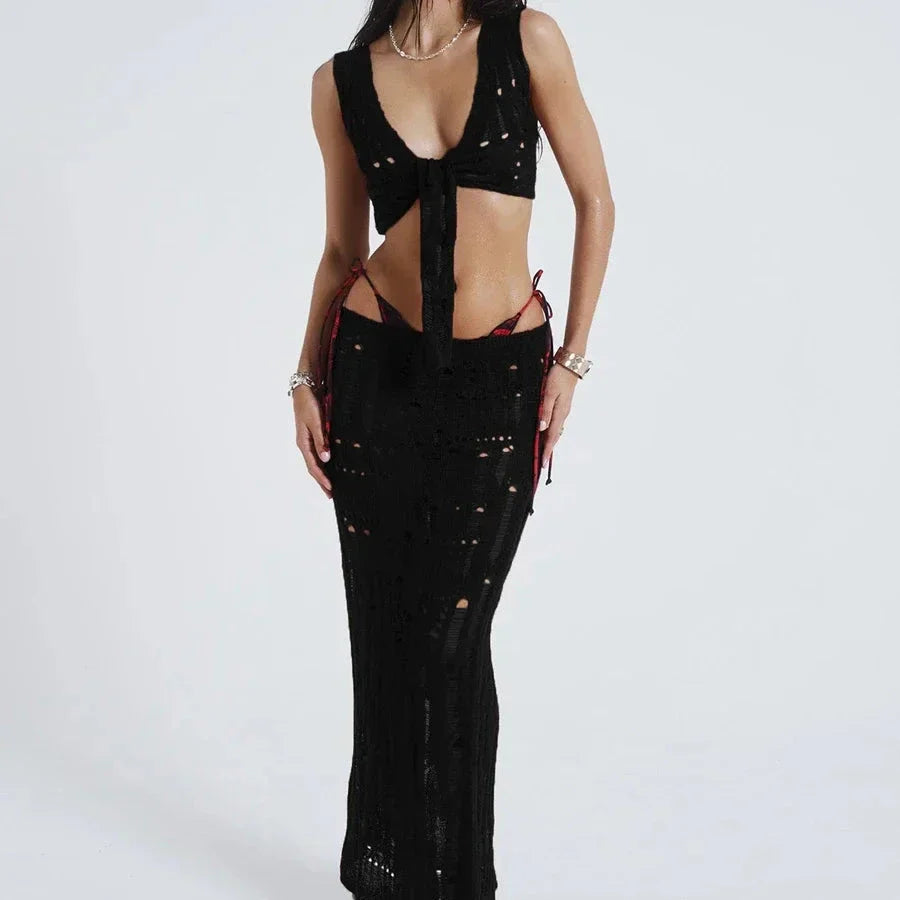 Levoire | Ensemble De Bikini Cover Up 2 Pièces Top Court Tricoté Et Jupe Longue À Taille Basse Élastique