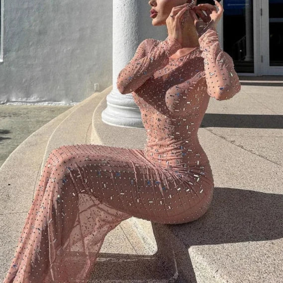 Levoire | Robe Maxi À Manches Longues En Maille Transparente Avec Fente Et Strass