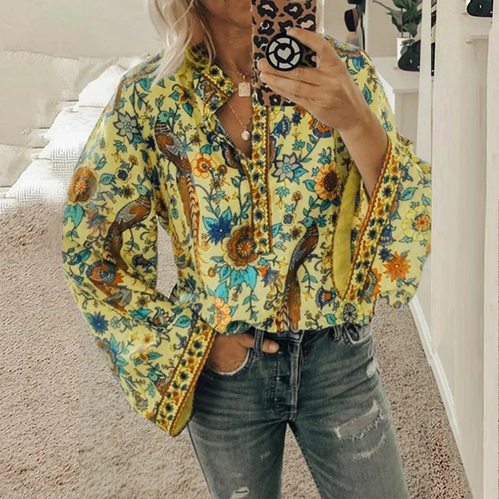 Levoire | Blouse Avec Motif Floral Bohémien Jaune