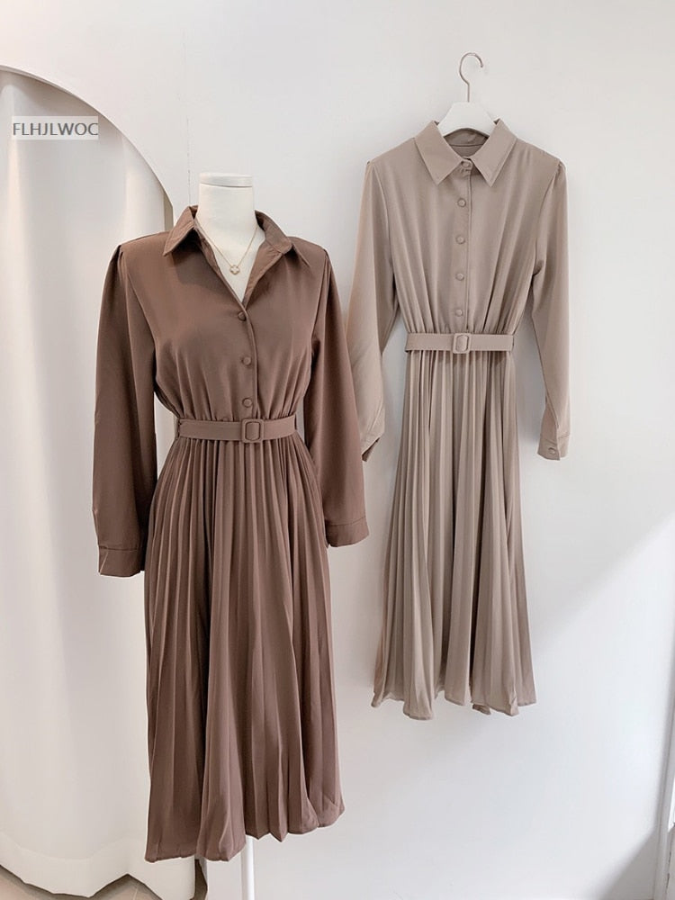 Levoire | Robe Maxi Plissée Taille Haute À Manches Longues Avec Ceinture