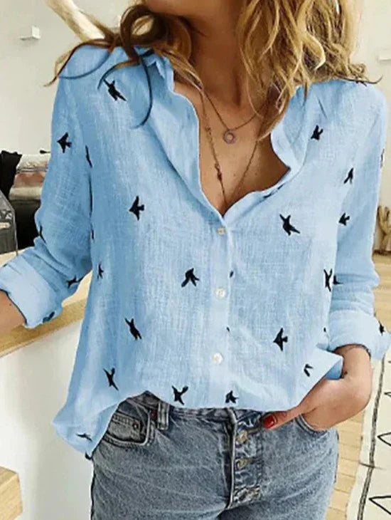 Levoire | Élégant, Chemisier À Manches Longues Léger Pour Femmes En Coton Et Lin Bleu clair à pois