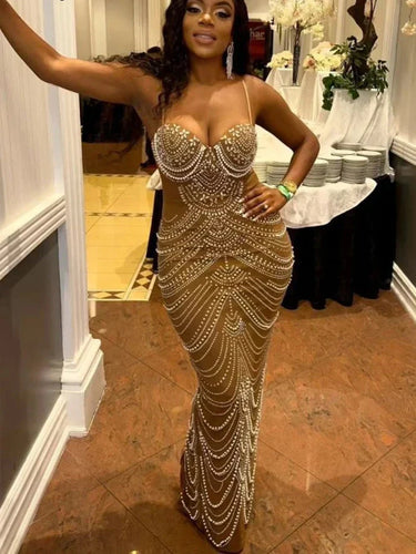 Levoire | Robe De Célébrité En Perles De Strass En Cristal Scintillant Marron