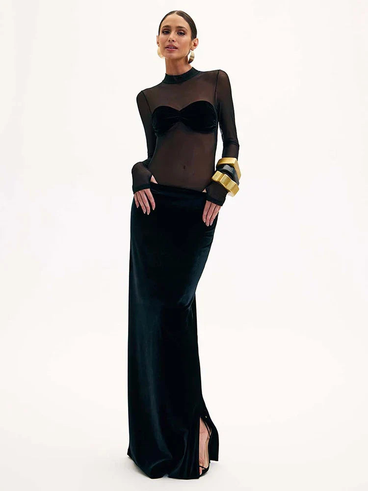 Levoire | Robe Maxi En Velours À Manches Longues En Maille