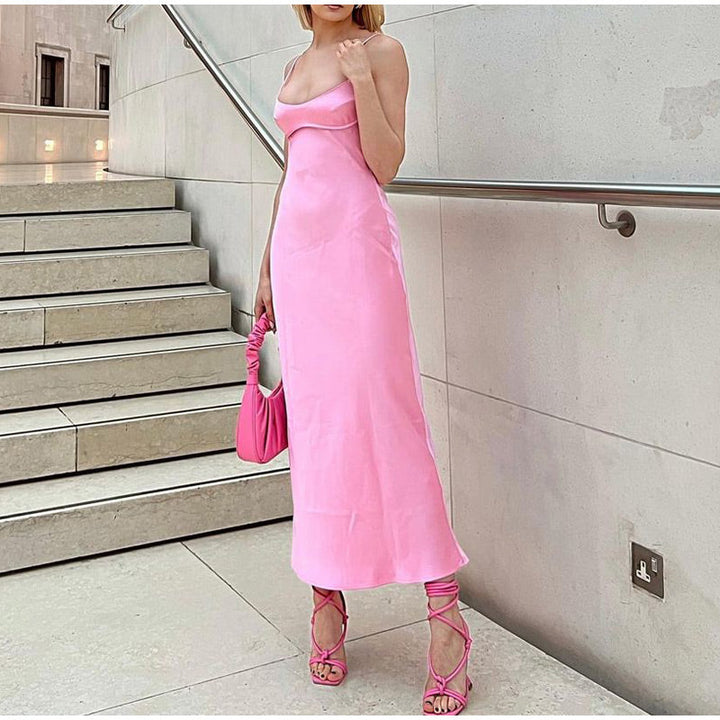 Levoire | Satin Sans Épaules Dos U Fente Midi Robe