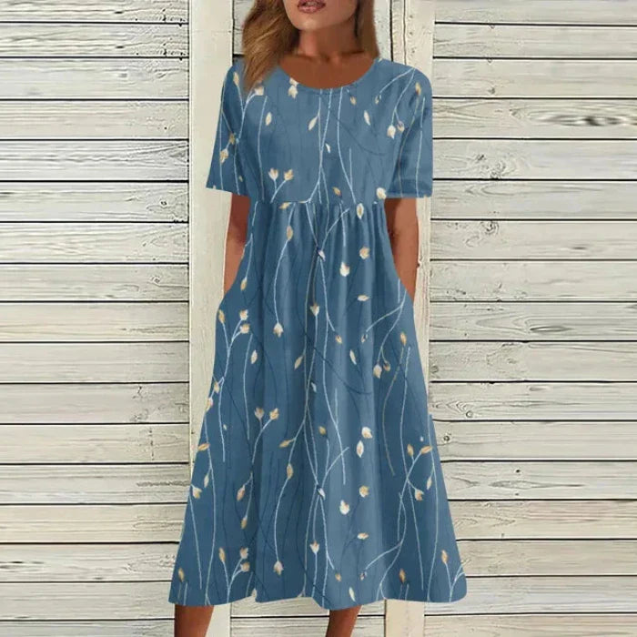 Levoire | Élégante Robe Midi À Motif Floral Et Décolleté En V Bleu