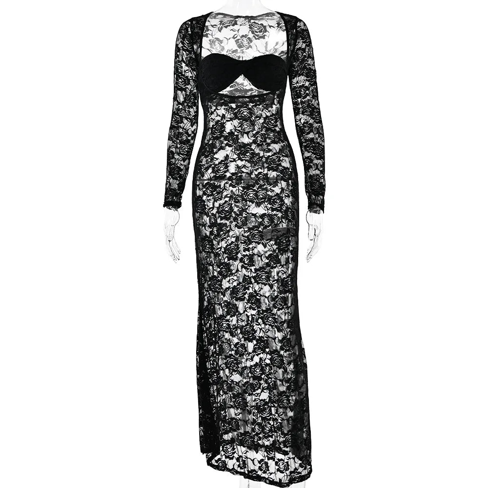 Levoire | Décolleté Ouvert Avec Des Bretelles En Dentelle Robes Maxi Noir