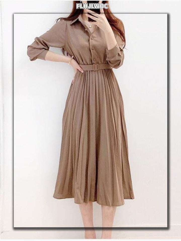 Levoire | Robe Maxi Plissée Taille Haute À Manches Longues Avec Ceinture