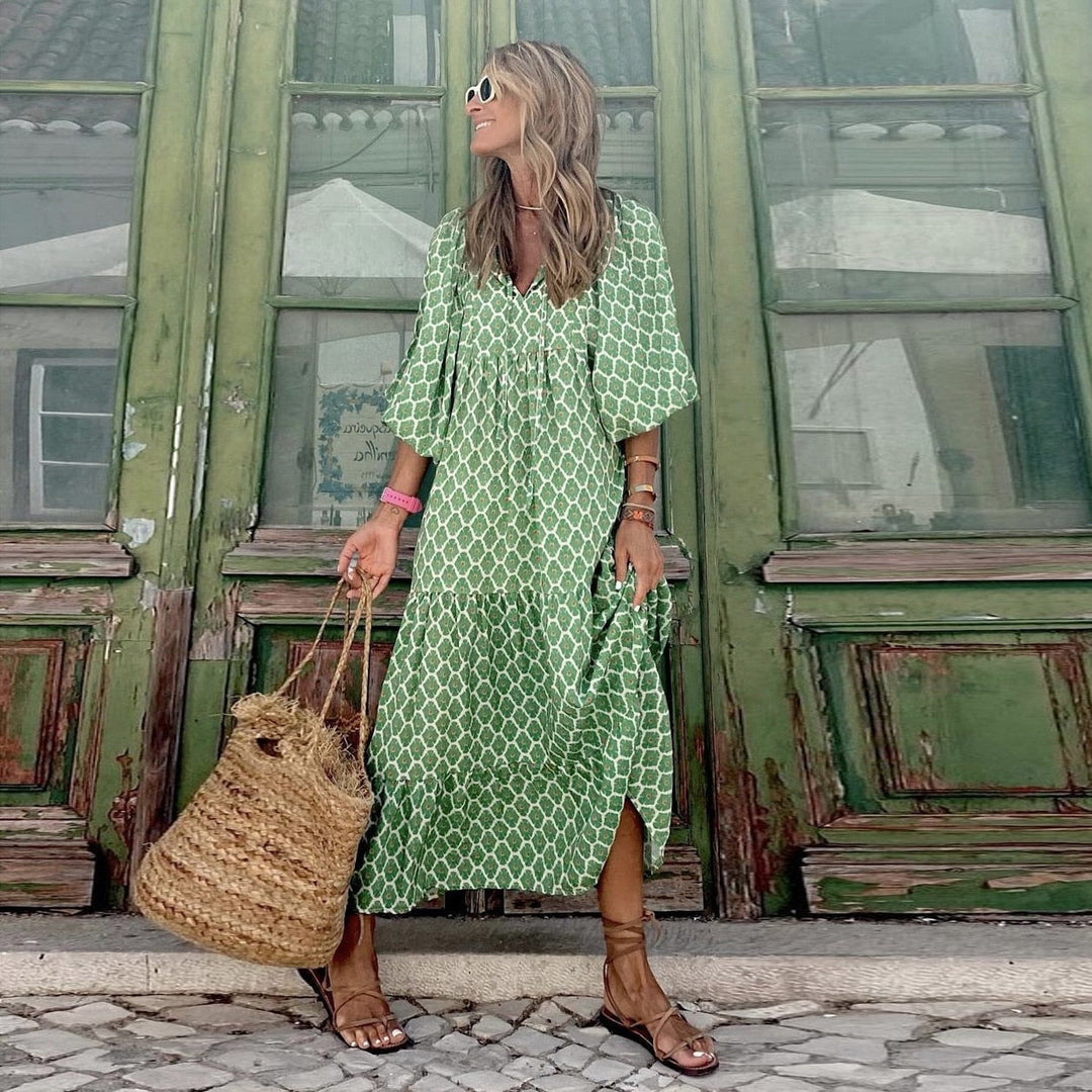 Levoire | Robe Longue Fleurie Col V Bohème Vert Aoriginal