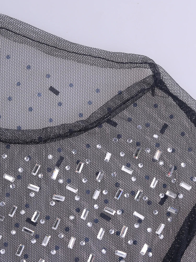 Levoire | Robe Maxi En Maille Transparente Avec Fente Et Strass Scintillants À Manches Longues Pour Une Occasion Spéciale