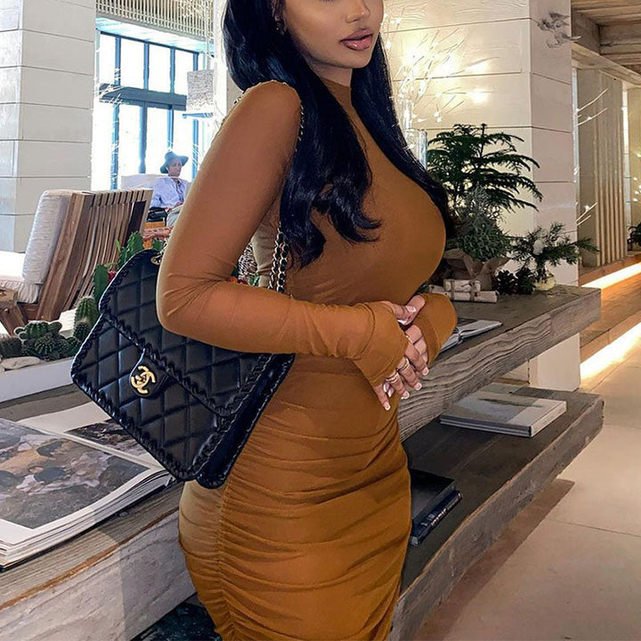 Levoire | Brun Manches Longues-Mesh-Transparent-Midi-Robe
