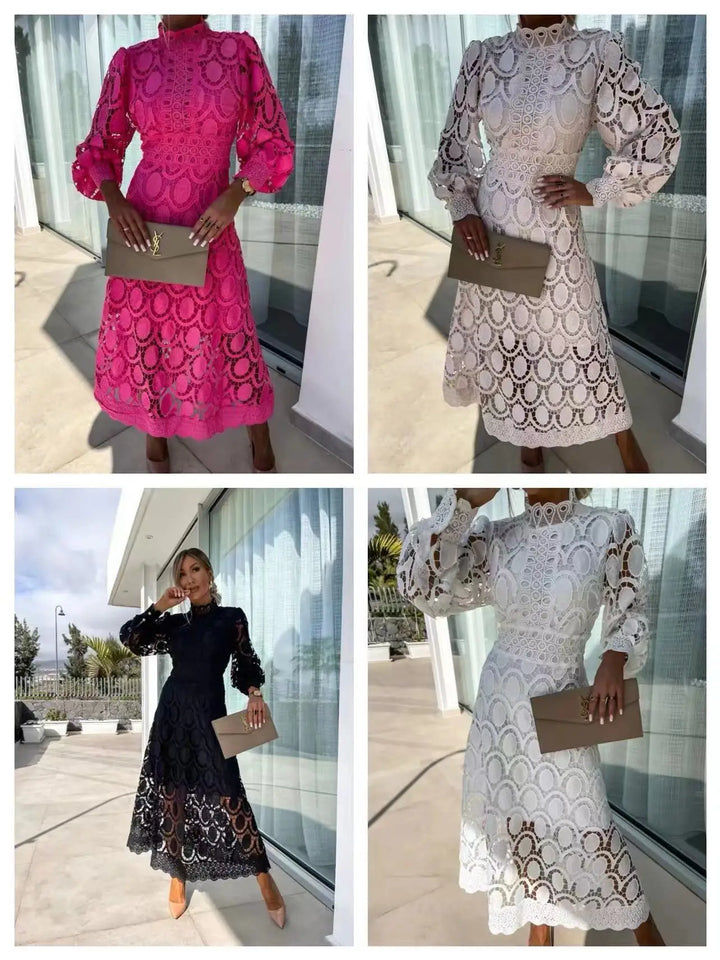Levoire | Robe Maxi À Col Montant En Dentelle Avec Manches Bouffantes