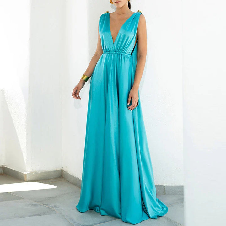 Levoire | Élégante Robe Maxi Boho Dos Nu À Décolleté En V Bleu